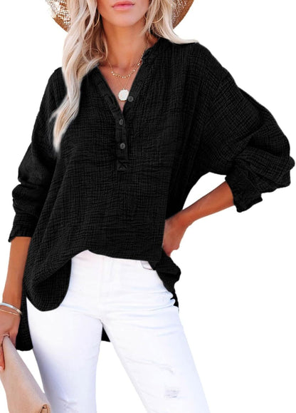 🔥Womens Casual Gauze Button Neck Long Sleeve Oversized BlousesTops