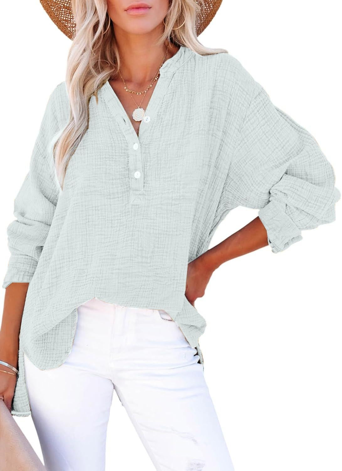 🔥Womens Casual Gauze Button Neck Long Sleeve Oversized BlousesTops