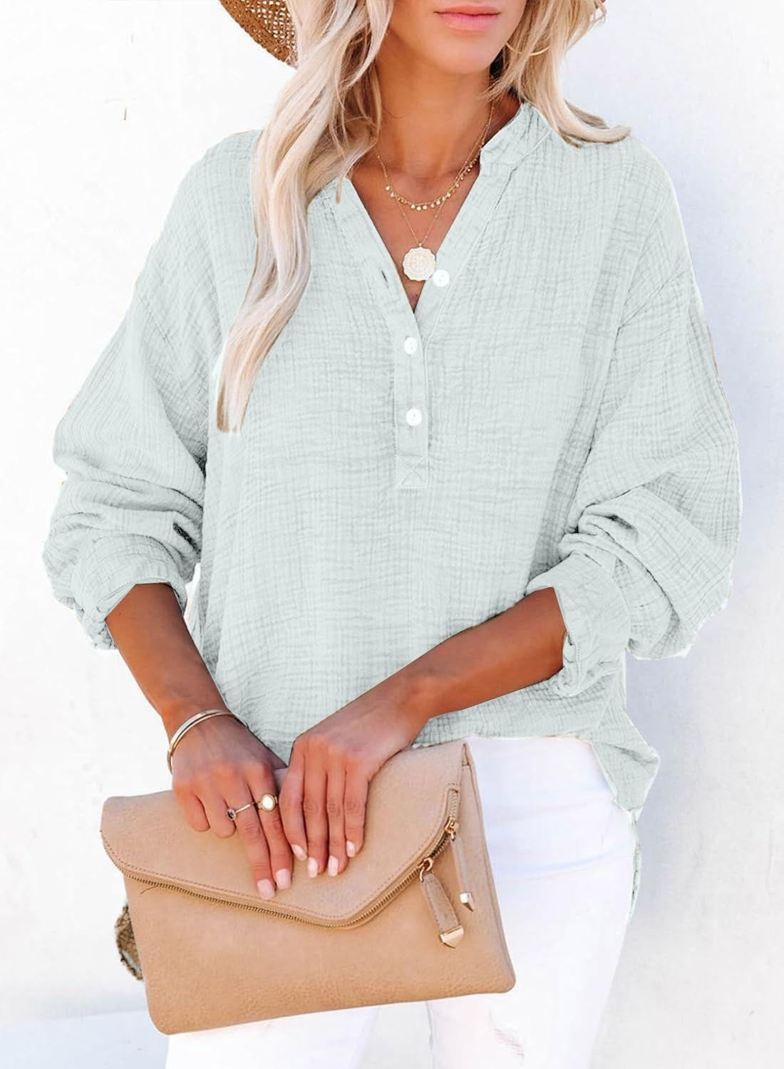 🔥Womens Casual Gauze Button Neck Long Sleeve Oversized BlousesTops