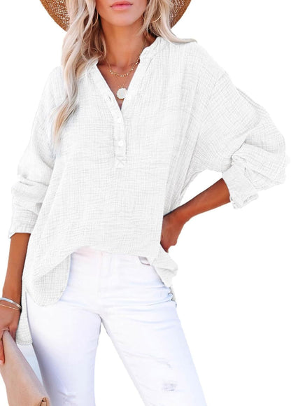 🔥Womens Casual Gauze Button Neck Long Sleeve Oversized BlousesTops