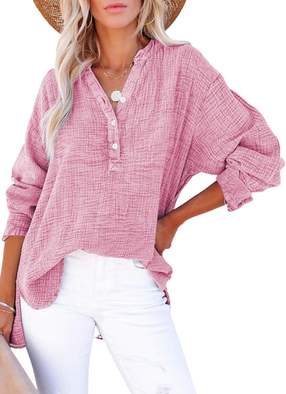 🔥Womens Casual Gauze Button Neck Long Sleeve Oversized BlousesTops