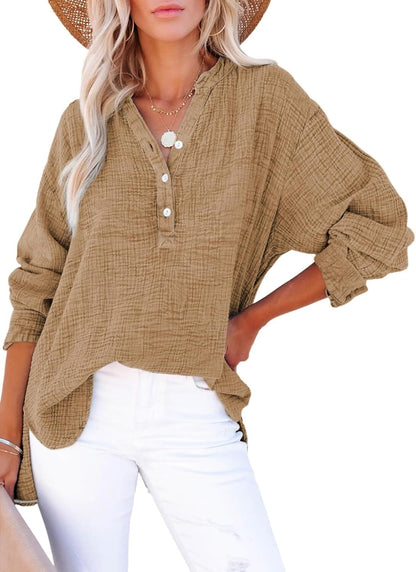 🔥Womens Casual Gauze Button Neck Long Sleeve Oversized BlousesTops