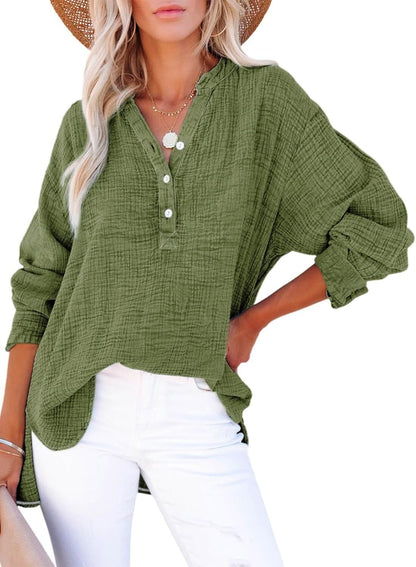 🔥Womens Casual Gauze Button Neck Long Sleeve Oversized BlousesTops