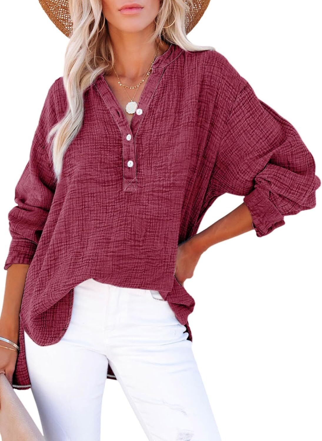 🔥Womens Casual Gauze Button Neck Long Sleeve Oversized BlousesTops