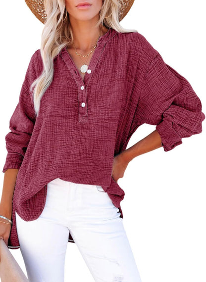🔥Womens Casual Gauze Button Neck Long Sleeve Oversized BlousesTops